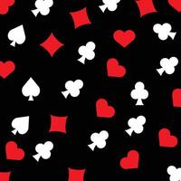 Playing Card Suits spade, diamond, heart and club icons in a repeating pattern on black background. vector
