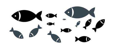 Fish icon with various sizes of fish in black and gray on a white background. vector