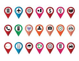 Collection of location markers with various icons for services. vector