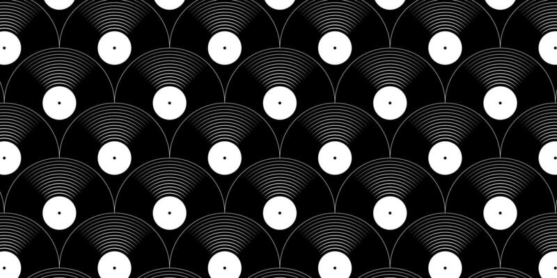 Vinyl plates seamless pattern. Reapiting gramophone LP music discs isolated on white background. DJ techno party concert. 70s 80s 90s discotheque nostalgia wallpaper. flat illustration