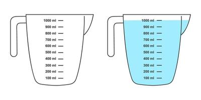 Empty and full measuring cups with a 1 liter volume. Water or other liquid containers for cooking with a fluid capacity scale isolated on white background. flat illustration vector