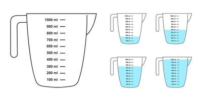 Set of empty and water filled measuring cups with 1 liter volume. Liquid containers for cooking or chemical experiment with fluid capacity scale isolated on white background. flat illustration vector