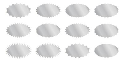 Set of silver oval stickers with wavy and zigzag borders. Shining labels, badges, price tags, coupons with curved and jagged edges isolated on white background. illustration vector