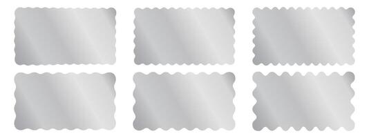 Set of silver rectangle stickers with wavy borders. Shining labels, badges, price tags, coupons or stamps curved rectangular shapes isolated on white background. realistic illustration vector