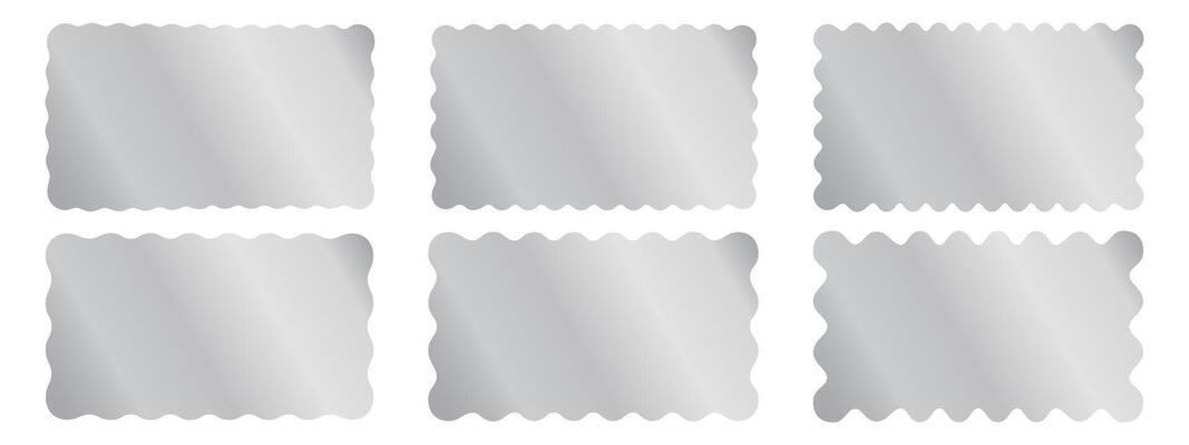 Set of silver rectangle stickers with wavy borders. Shining labels, badges, price tags, coupons or stamps curved rectangular shapes isolated on white background. realistic illustration