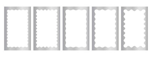 Set of silver rectangle frames with wavy inner borders. Metallos mirror, photo or picture frameworks. Luxury rectangular boxes, tags or labels isolated on white background. illustration vector