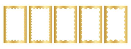 Set of gold rectangle frames with wavy inner borders. Mirror, photo or picture frameworks in luxury style. Golden rectangular boxes, tags or labels isolated on white background. illustration vector