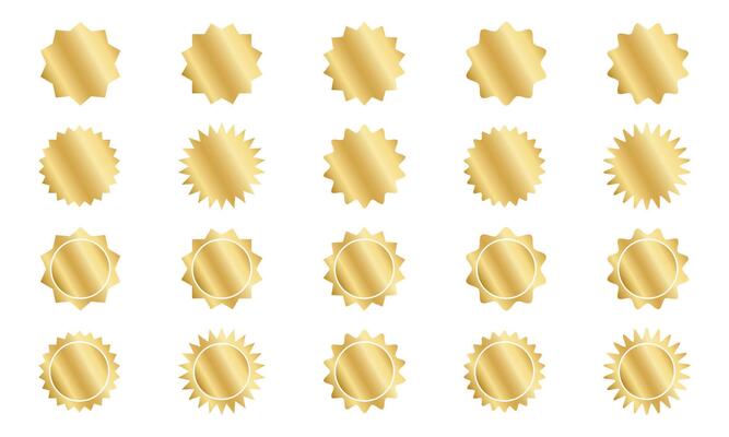 Set of gold round stickers with wavy borders. Shining golden curvy labels, quality badges, price tags, stamps, sale offer shapes isolated on white background. realistic illustration