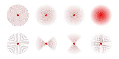 Pain localization icons. Set of red concentric circles. Ache or inflammation symbols. Pulse, shockwave or vibration sign. Coverage or damage, radio or sonar signal pictograms. illustration vector