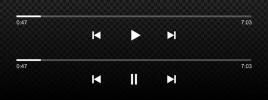 Set of audio or media player loading bars with time slider, play and pause, rewind and fast forward buttons. Audiobook, podcast, online radio playback panel interface. illustration vector