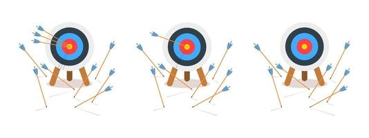 Set of archery dart boards with arrows hitting or missing bullseye. Sports game or business strategy. Success or failure, goal achieving or mistake concept. cartoon illustration vector