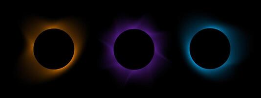 Set of soft blurry round frames. Circle shapes with orange, purple and blue and neon gradient borders isolated on dark background. Abstract design elements with y2k aura effect. illustration vector