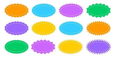 Set or colorful oval shapes with curvy and zigzag borders and stitch lines. Empty price, discount, sale offer, coupon, promo code tags. Speech bubbles, messages or text boxes. illustration vector