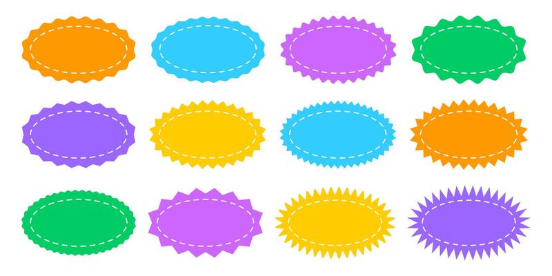 Set or colorful oval shapes with curvy and zigzag borders and stitch lines. Empty price, discount, sale offer, coupon, promo code tags. Speech bubbles, messages or text boxes. illustration