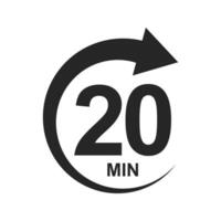 20 min countdown sign. Twenty minutes icon with round arrow. Stopwatch symbol. Sport or cooking timer isolated on white background. Delivery, deadline, duration pictogram. graphic illustration vector
