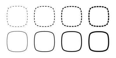 Set of dashed squircles or squares with rounded borders. Simple geometric shapes and frames isolated on white background. Text boxes or labels with empty space. graphic illustration vector
