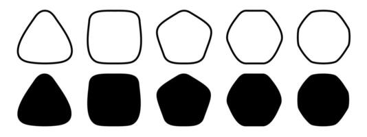 Set of doodle black geometric figures with rounded corners. Triangle, square or squircle, pentagon, hexagon and octagon shapes isolated on white background. graphic illustration vector