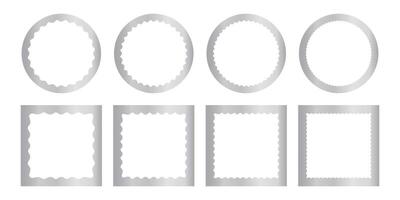 Set of shining silver square and round mirror, photo or picture frames with wavy inner borders. Decoration design elements. Metallic stickers isolated on white background. illustration vector