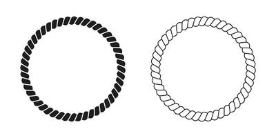 Black and white round rope frames. Circular jute, cord or thread, cable or twine borders. Design elements on maritime, yacht or nautical theme. outline illustration vector