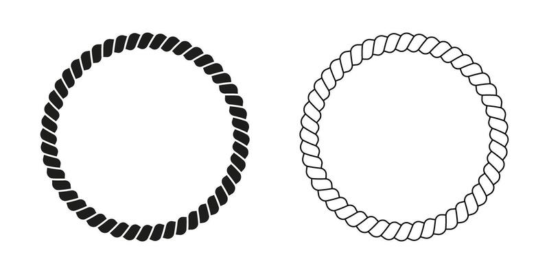 Black and white round rope frames. Circular jute, cord or thread, cable or twine borders. Design elements on maritime, yacht or nautical theme. outline illustration