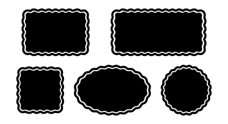 Set of rectangle, square, oval and circle shapes with wavy edges. Geometric firms with scalloped borders. Empty text boxes, tags or labels isolated on white background. graphic illustration