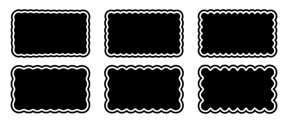 Set or rectangular shapes with scallop borders. Tags or labels, stickers or stamps, highlight or banner rectangle boxes with wavy edges isolated on white background. graphic illustration