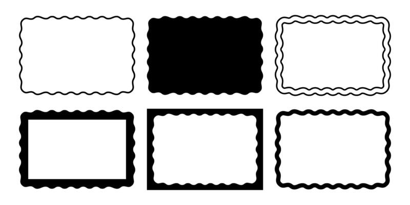 Set of rectangle frames with wavy edges. Rectangular shapes with squiggly borders. Mirror, picture or photo frames, empty text boxes, banners, tags or labels. graphic illustration