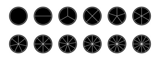 Black circles divided into fractions from 1 to 12 isolated on white background. Round shapes cut in equal parts. Simple circular diagrams, statistic wheels, business charts. illustration vector