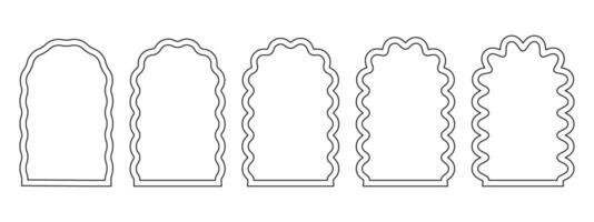 Set of arch frames with wavy borders edges. Archway shapes with curved edges. Wiggly vignettes or mirrors, portals or doors, empty text boxes isolated on white background. graphic illustration vector