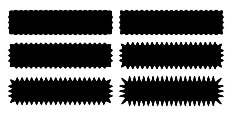 Set or rectangular shapes with wavy borders. Tags or labels, stickers or stamps, highlight rectangle boxes with curvy wiggly edges isolated on white background. graphic illustration