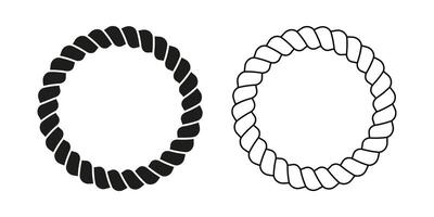 Round black and white round rope frames. Circles of cord, thread or cable, twine or jute isolated on white background. Design elements on maritime, yacht nautical theme. outline illustration vector