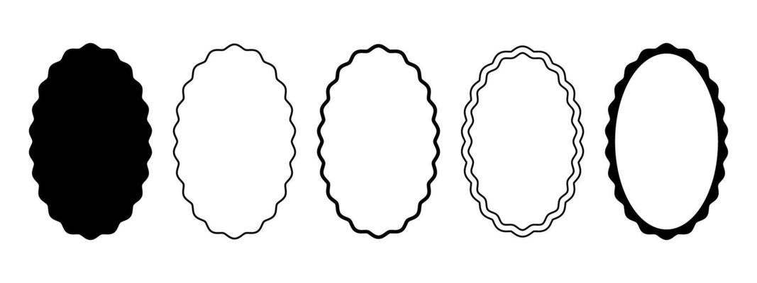 Set of oval frames with wavy borders. Elliptical shapes with curved efges. Mirror, picture or photo frames, empty text boxes, tags or labels isolated on white background. graphic illustration