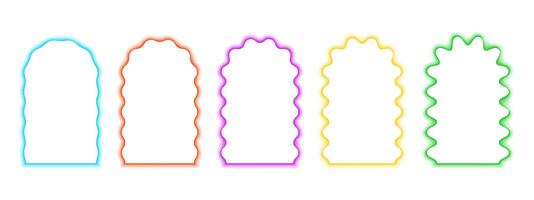 Set of colorful arch frames with wavy edges. Archway shapes with wiggly borders in blurry aura effect. Mirror or portal frameworks, empty text boxes isolated on white background. illustration vector