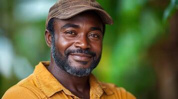 Man in cap smiles in nature photo