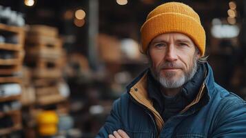 Man with orange beanie in rustic workshop setting photo