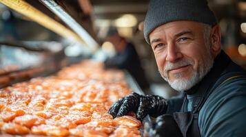 Smiling man prepares fresh salmon at marketplace photo