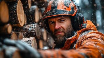 Winter lumberjack working in snowy forest setting photo
