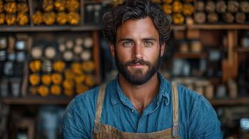 Handsome artisan working in a workshop setting photo