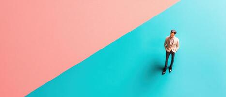 Man in stylish outfit stands on colorful backdrop photo