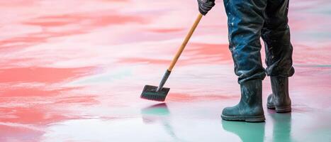 Worker applying paint to a smooth surface photo