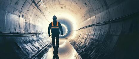Worker explores underground tunnel during the day photo