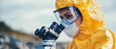 Scientist examines samples with microscope in lab photo