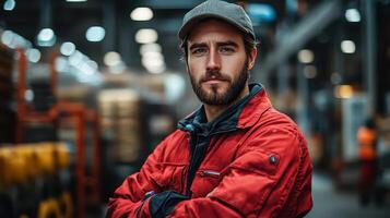 Man in red jacket poses confidently at warehouse photo