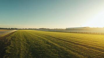 Horse racing track with open field at sunset photo