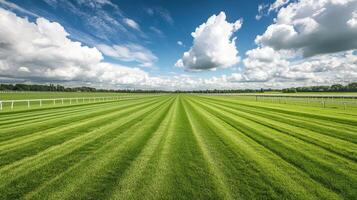 Lush green racetrack under a cloudy sky photo