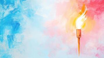 Flame on a wooden torch against pastel background photo