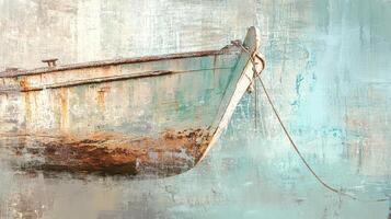 Old wooden boat moored in serene waters photo