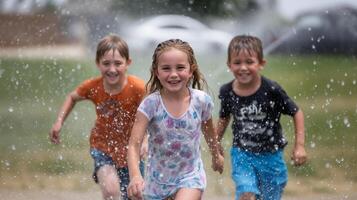 Three Friends Laughing Running in Backyard Sprinkler photo