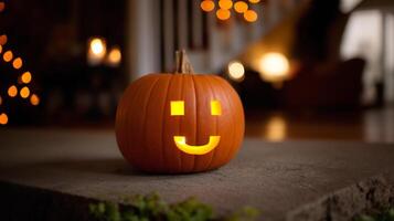 Halloween decoration featuring glowing carved pumpkin on rustic surface photo