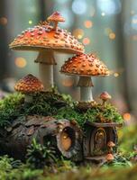 Mushroom house in a magic forest. Colorful mushrooms frame a tiny house in a magical daytime forest, evoking a fairy-tale charm. photo